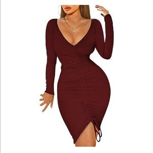 Womens Sexy Long Sleeve Bodycon Dress,V Neck Ruched